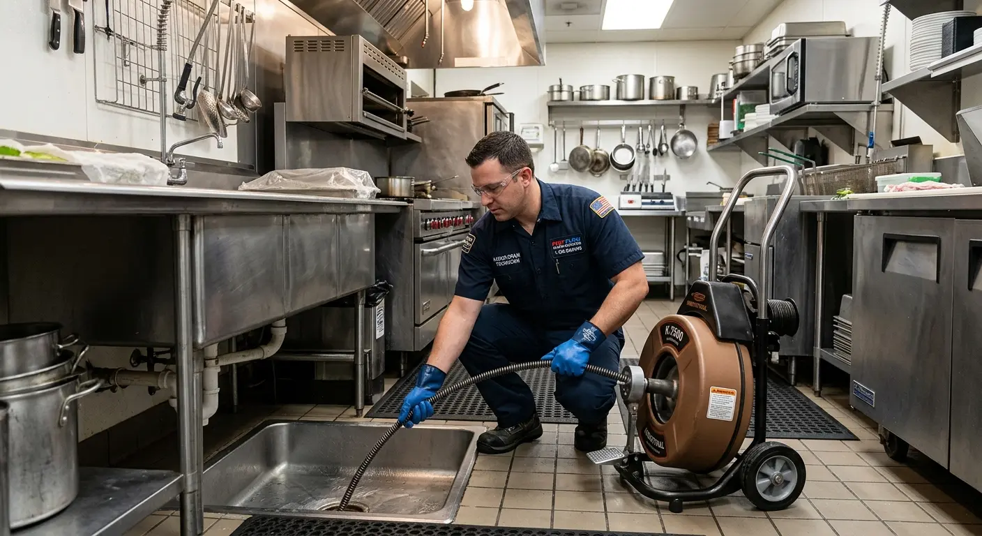 Commercial drain cleaning service in a restaurant kitchen in West Covina