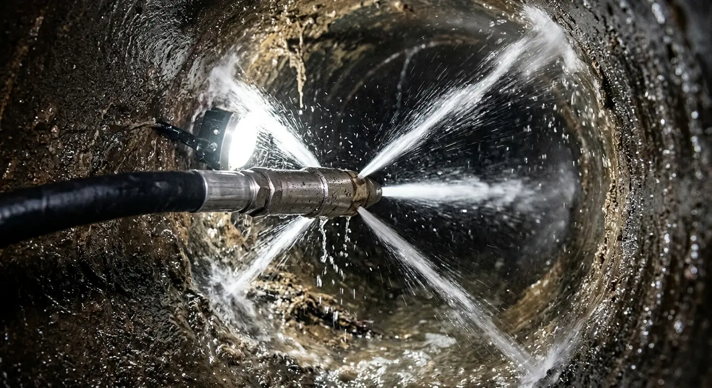 High-pressure hydro jetting nozzle cleaning sewer pipe for Trenchless Sewer Repair in West Covina