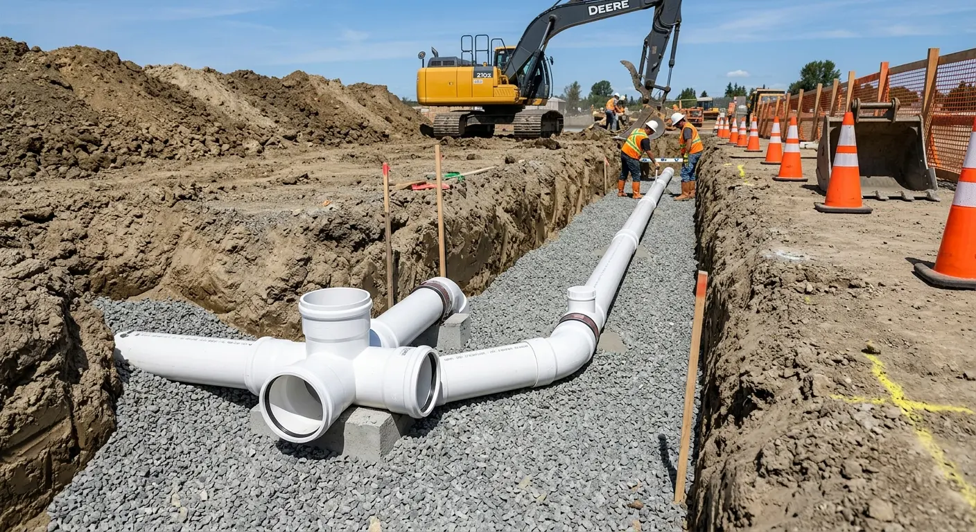 New PVC sewer pipe installation in open trench for Commercial Drain Cleaning in West Covina