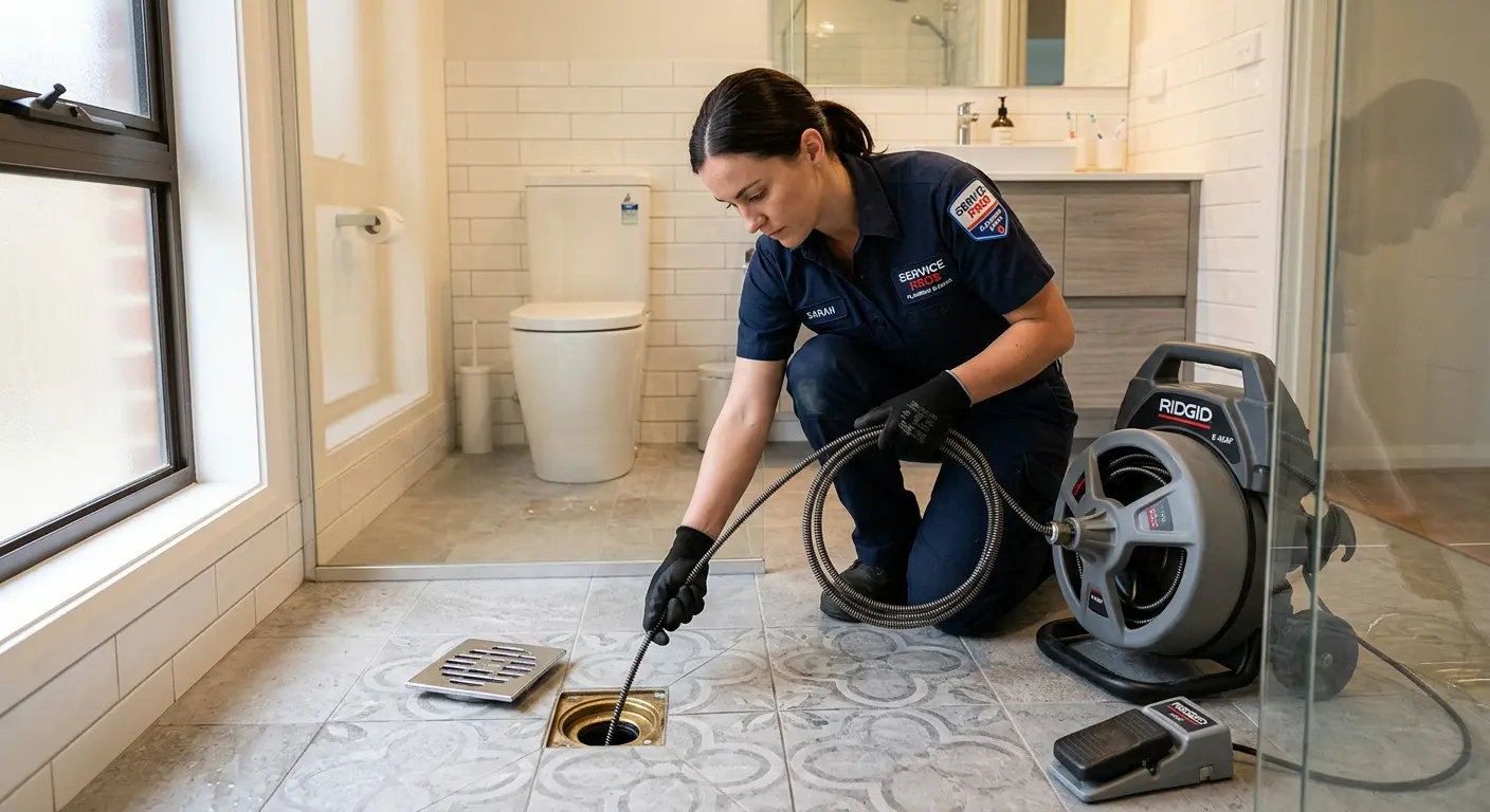 Technician clearing a bathroom floor drain for Clogged Drain Repair in West Covina